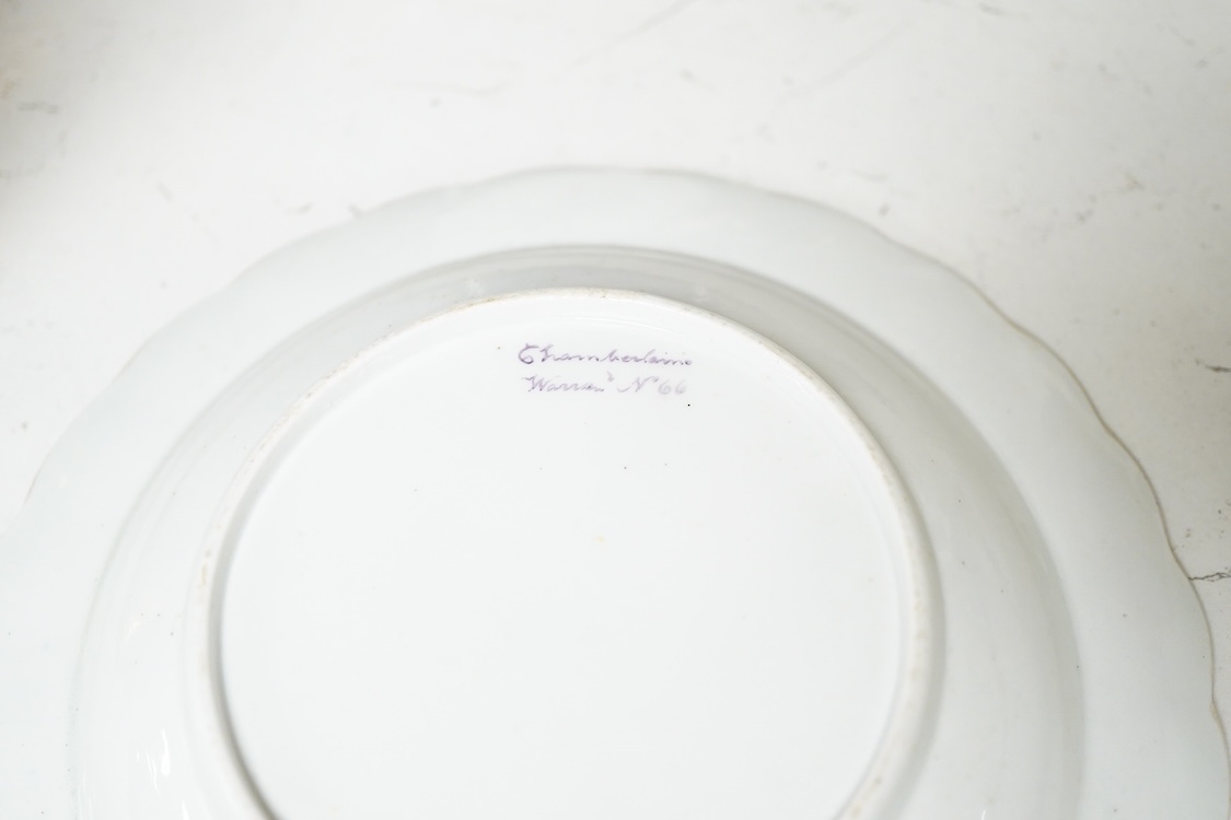 18th century tableware to include Chamberlains Worcester dish and blue and white Worcester teacups, largest 14cm high